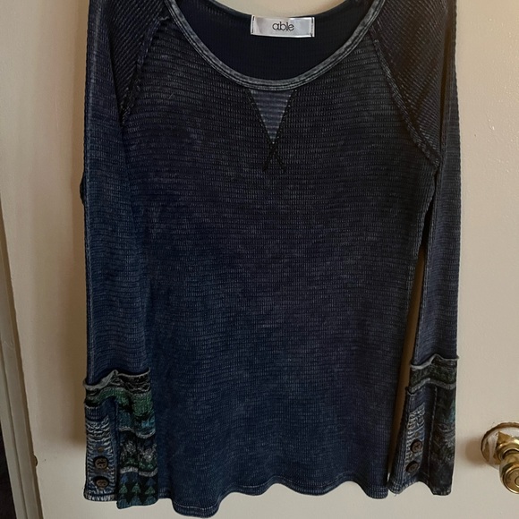 Navy Blue  boho Henley Women's Top with bell sleeves and button design - Picture 2 of 4